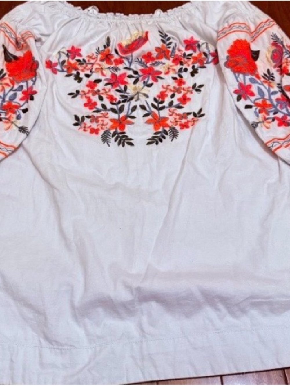 Free People White Off-Shoulder Tunic with Pink & Orange Floral Embroidery
